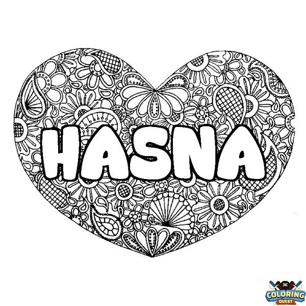 Coloring page first name HASNA - Heart mandala background