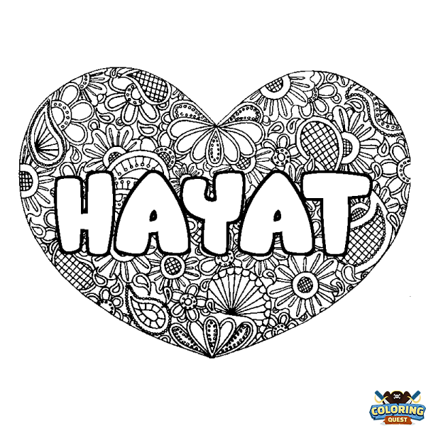 Coloring page first name HAYAT - Heart mandala background