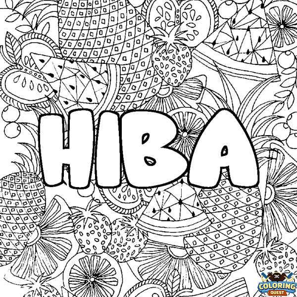 Coloring page first name HIBA - Fruits mandala background