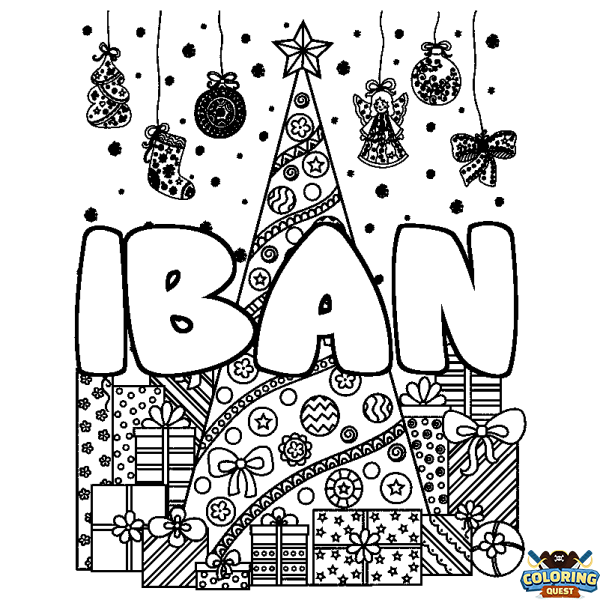 Coloring page first name IBAN - Christmas tree and presents background