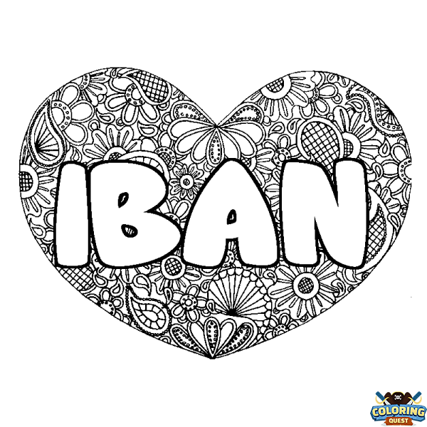 Coloring page first name IBAN - Heart mandala background