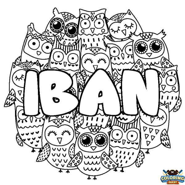 Coloring page first name IBAN - Owls background