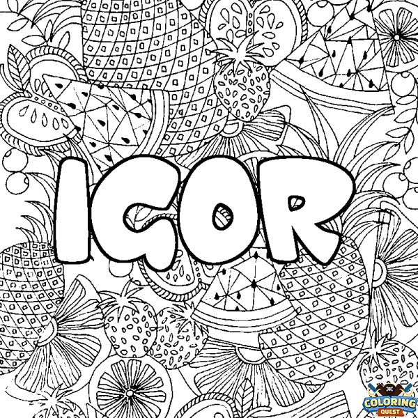 Coloring page first name IGOR - Fruits mandala background