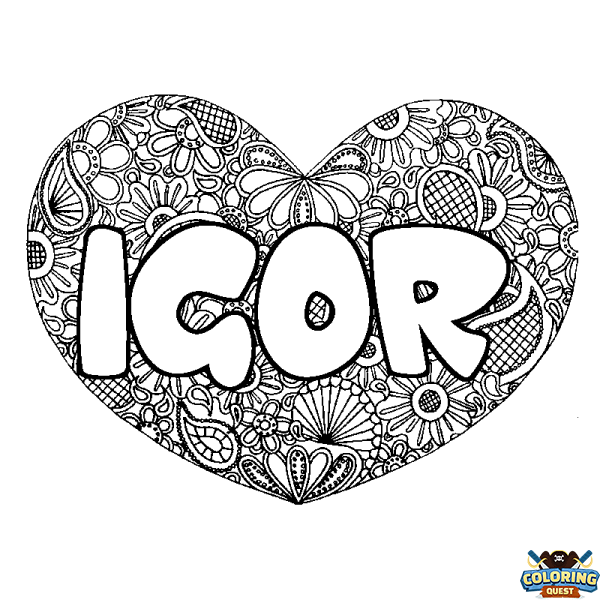 Coloring page first name IGOR - Heart mandala background