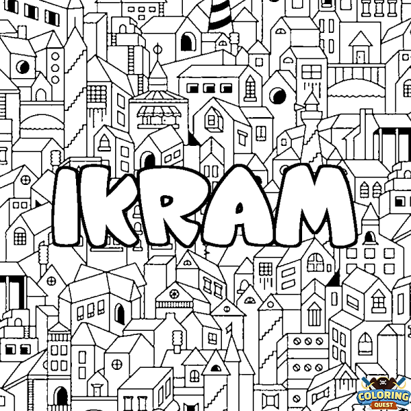 Coloring page first name IKRAM - City background