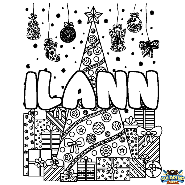 Coloring page first name ILANN - Christmas tree and presents background