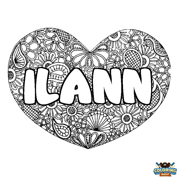 Coloring page first name ILANN - Heart mandala background