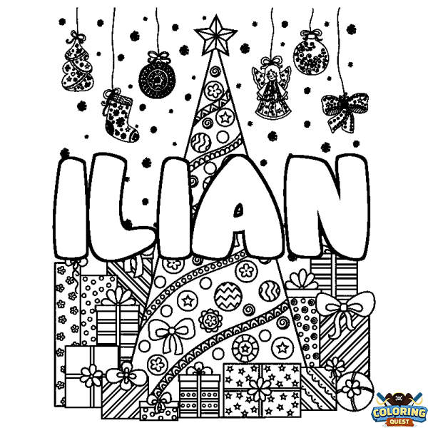 Coloring page first name ILIAN - Christmas tree and presents background