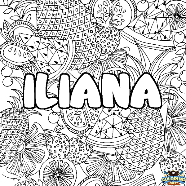 Coloring page first name ILIANA - Fruits mandala background