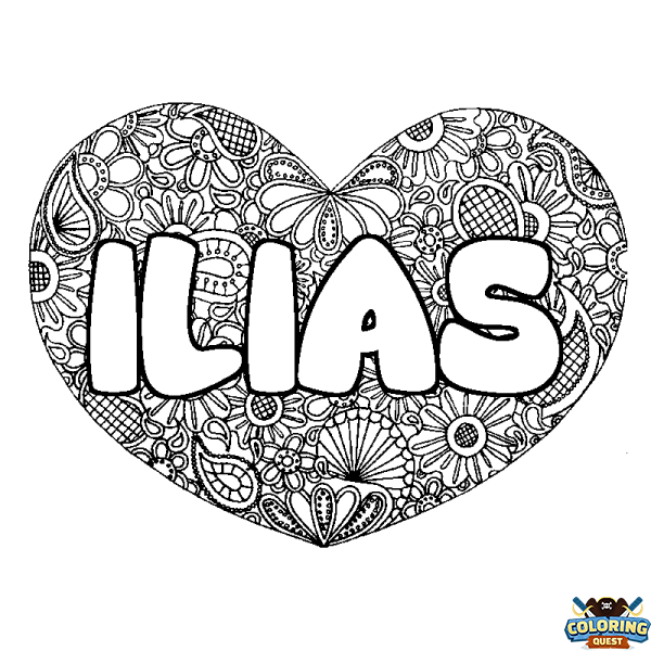 Coloring page first name ILIAS - Heart mandala background