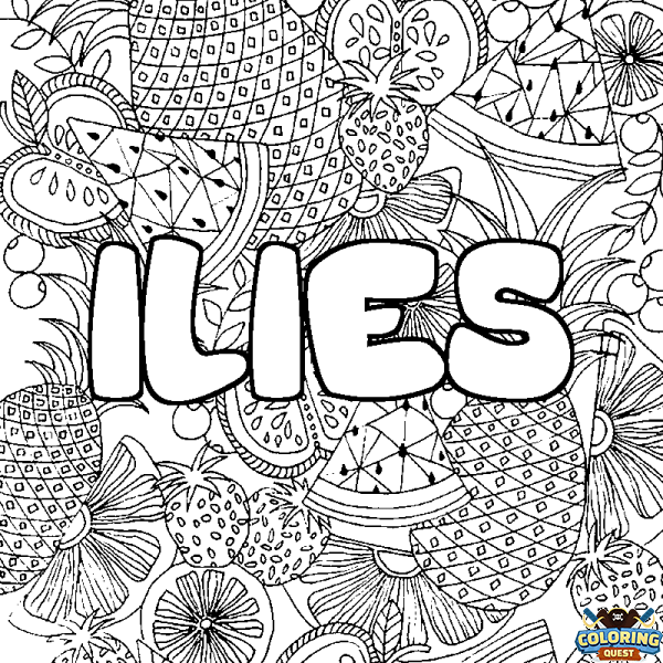 Coloring page first name ILIES - Fruits mandala background