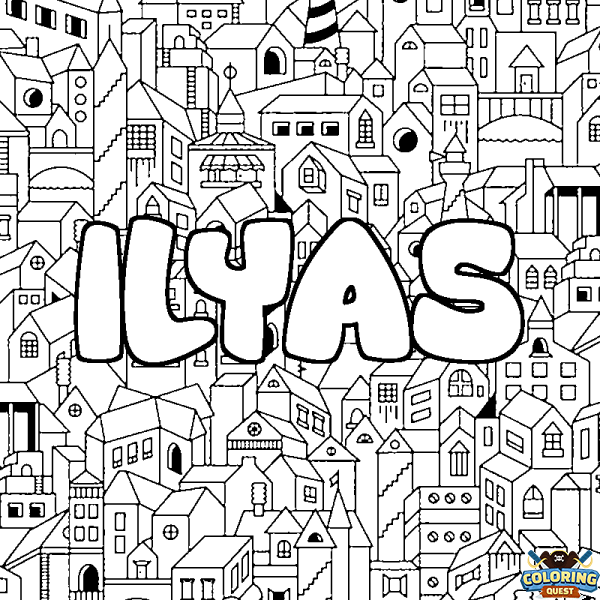 Coloring page first name ILYAS - City background