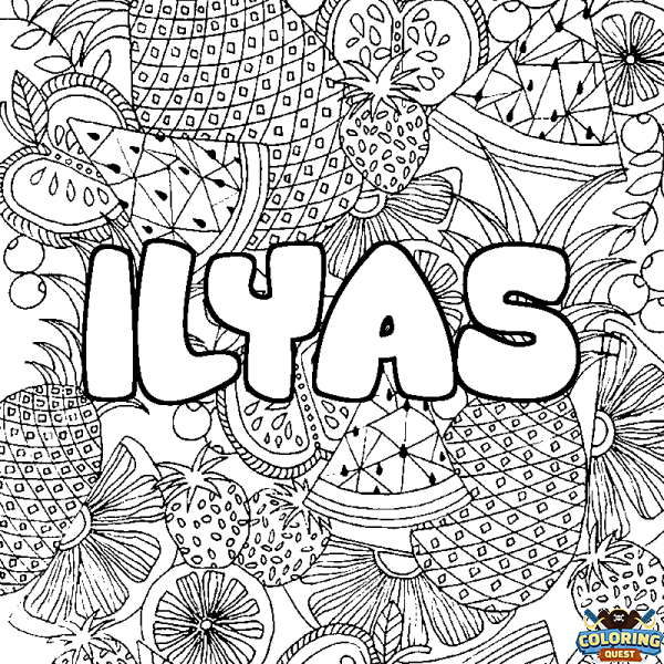 Coloring page first name ILYAS - Fruits mandala background