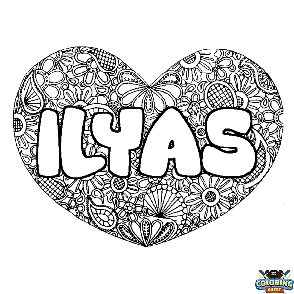 Coloring page first name ILYAS - Heart mandala background