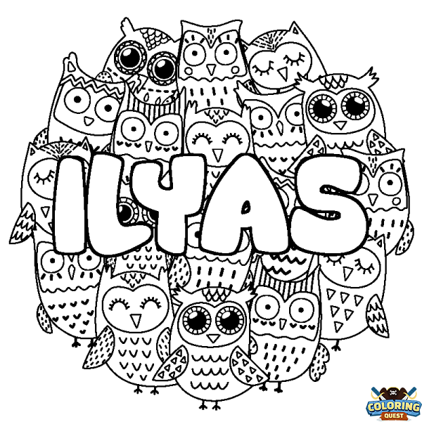 Coloring page first name ILYAS - Owls background