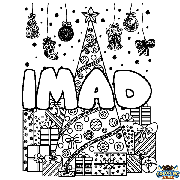 Coloring page first name IMAD - Christmas tree and presents background