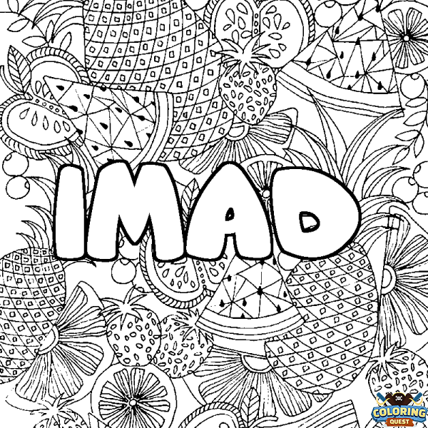 Coloring page first name IMAD - Fruits mandala background