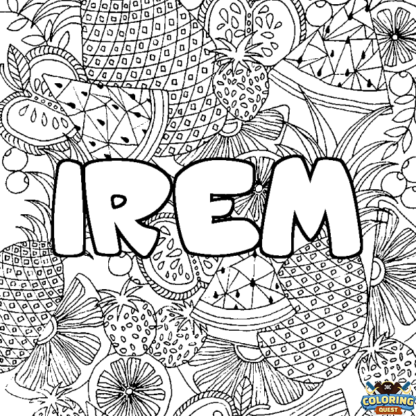 Coloring page first name IREM - Fruits mandala background