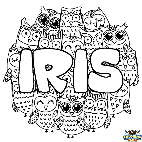 Coloring page first name IRIS - Owls background