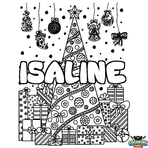 Coloring page first name ISALINE - Christmas tree and presents background