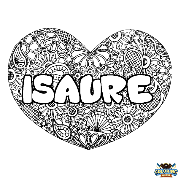 Coloring page first name ISAURE - Heart mandala background