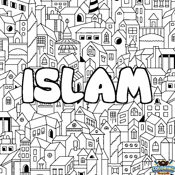 Coloring page first name ISLAM - City background