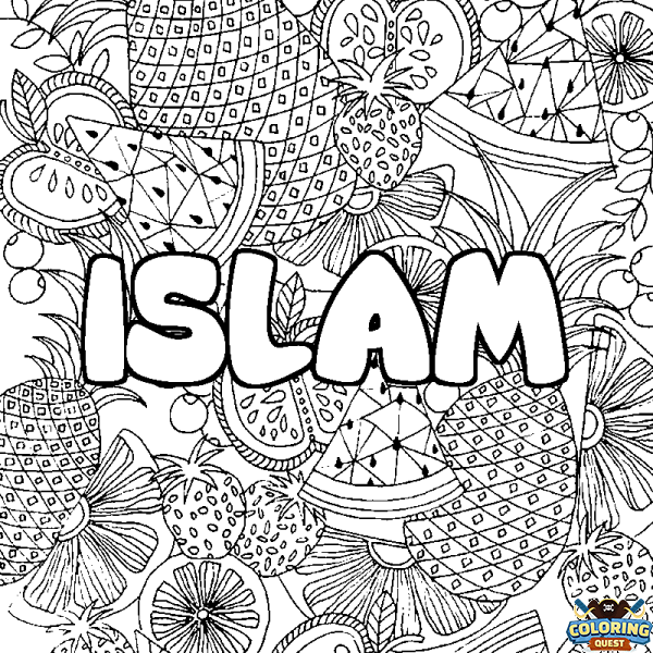 Coloring page first name ISLAM - Fruits mandala background