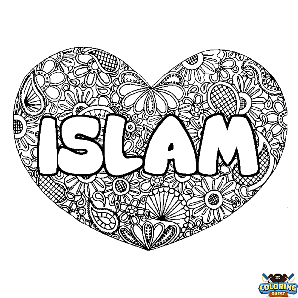 Coloring page first name ISLAM - Heart mandala background