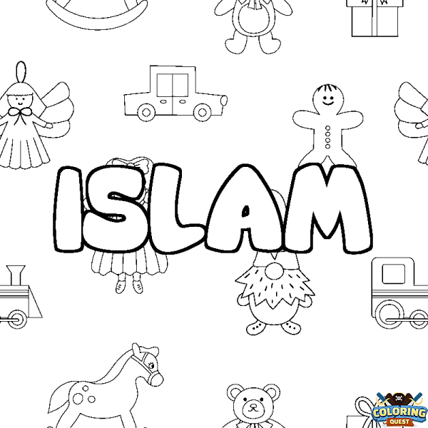 Coloring page first name ISLAM - Toys background