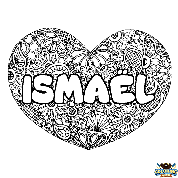 Coloring page first name ISMA&Euml;L - Heart mandala background