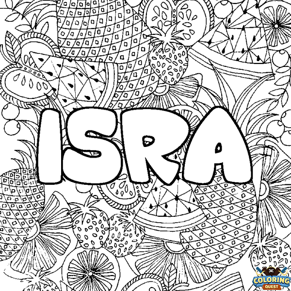 Coloring page first name ISRA - Fruits mandala background