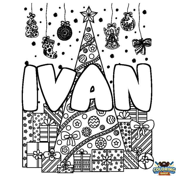 Coloring page first name IVAN - Christmas tree and presents background