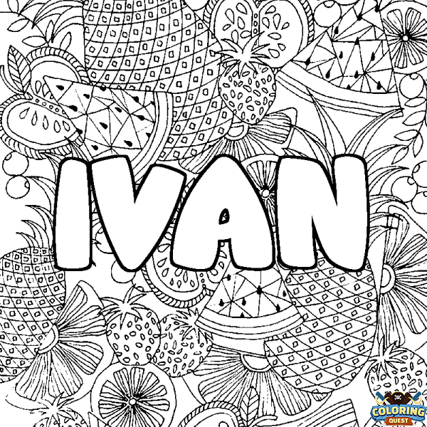 Coloring page first name IVAN - Fruits mandala background