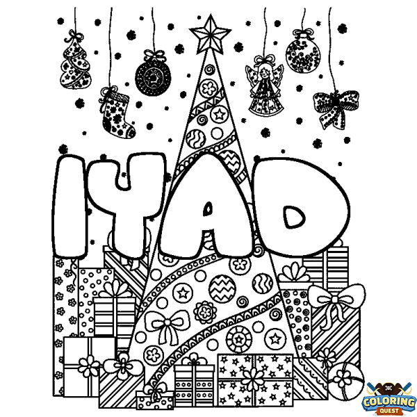 Coloring page first name IYAD - Christmas tree and presents background