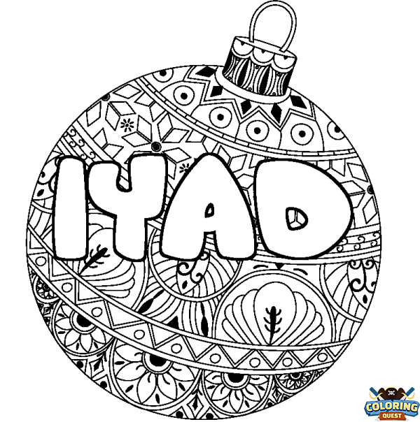 Coloring page first name IYAD - Christmas tree bulb background
