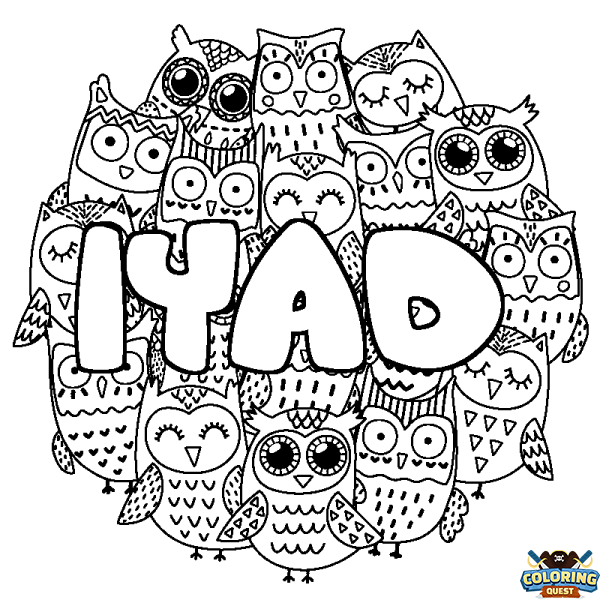 Coloring page first name IYAD - Owls background