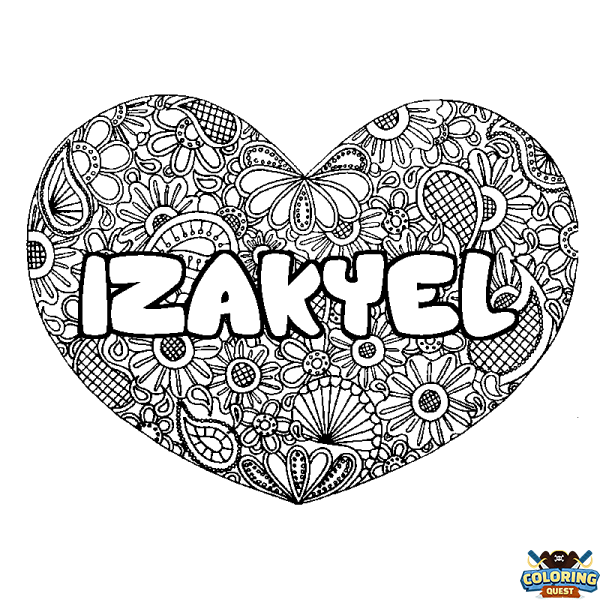 Coloring page first name IZAKYEL - Heart mandala background