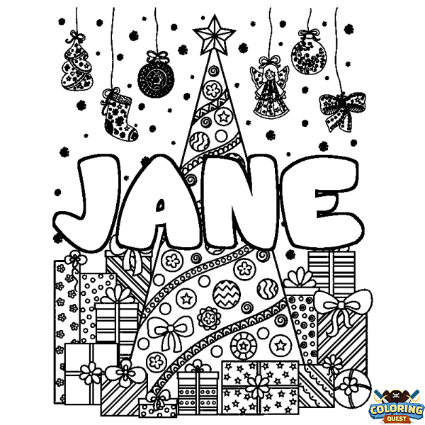 Coloring page first name JANE - Christmas tree and presents background