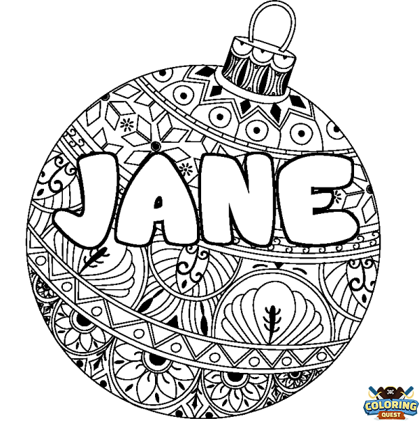 Coloring page first name JANE - Christmas tree bulb background