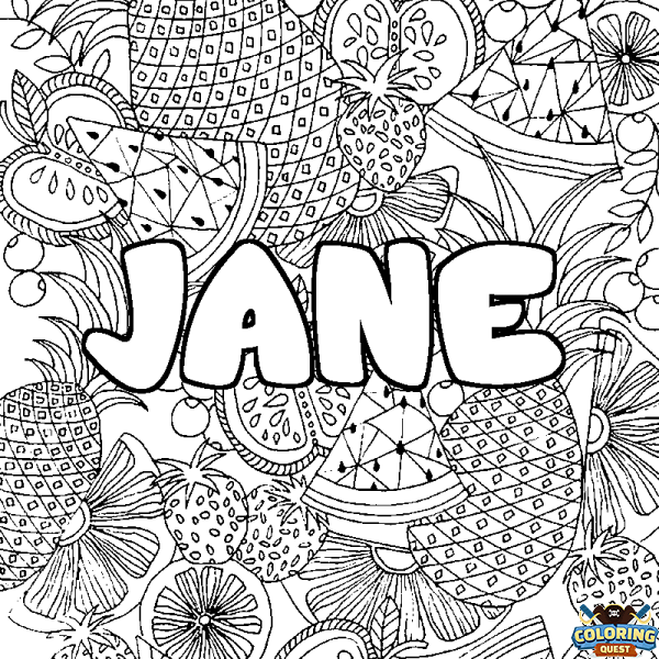 Coloring page first name JANE - Fruits mandala background