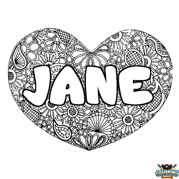 Coloring page first name JANE - Heart mandala background