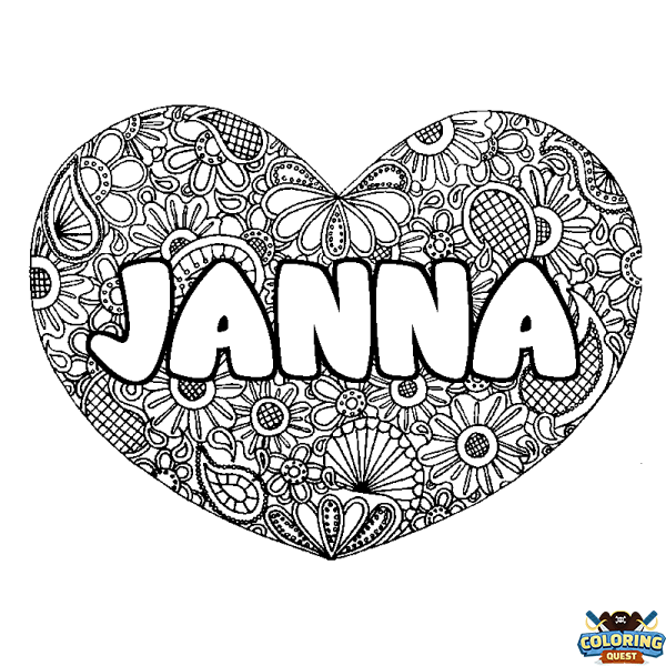 Coloring page first name JANNA - Heart mandala background