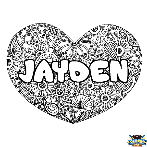 Coloring page first name JAYDEN - Heart mandala background