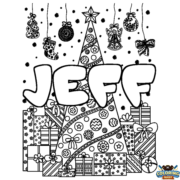 Coloring page first name JEFF - Christmas tree and presents background