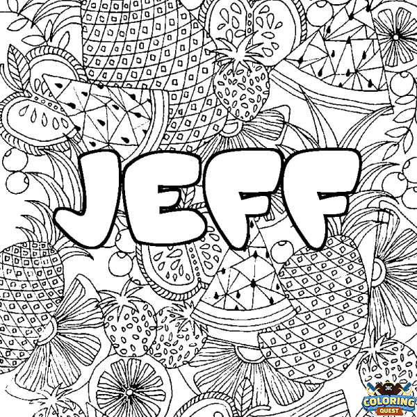 Coloring page first name JEFF - Fruits mandala background