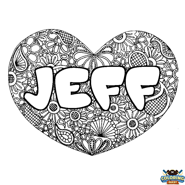 Coloring page first name JEFF - Heart mandala background