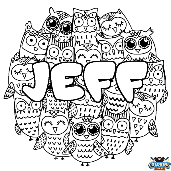 Coloring page first name JEFF - Owls background