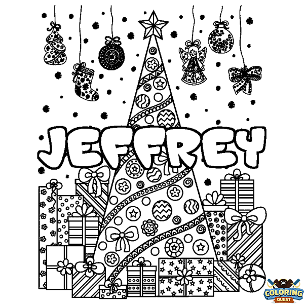 Coloring page first name JEFFREY - Christmas tree and presents background