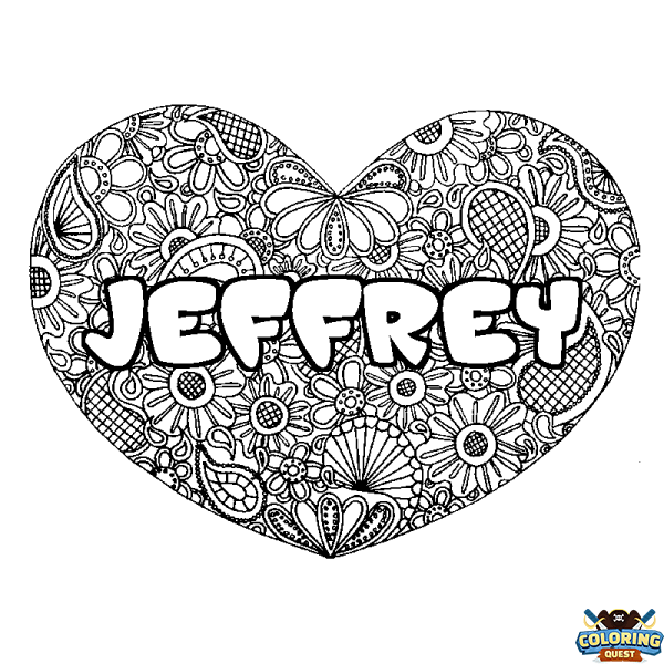 Coloring page first name JEFFREY - Heart mandala background