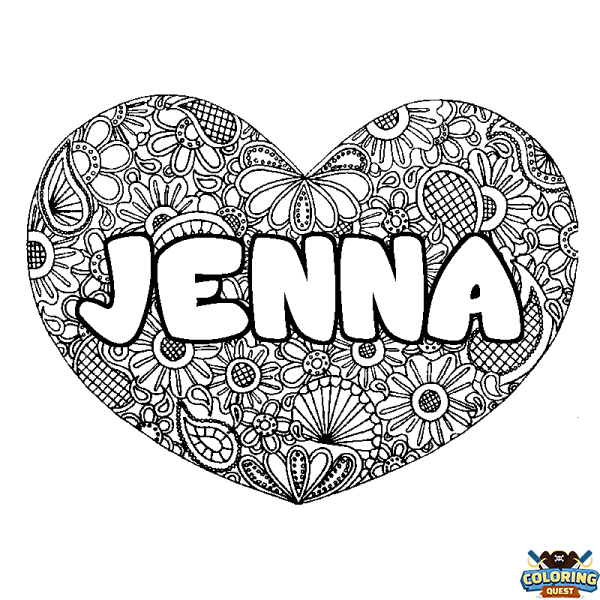 Coloring page first name JENNA - Heart mandala background